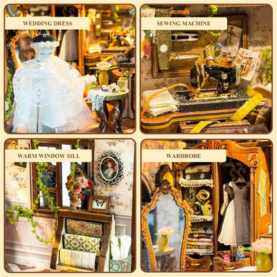 Dream Dress Studio details showing a wedding dress, sewing machine, window seat and wardrobe.