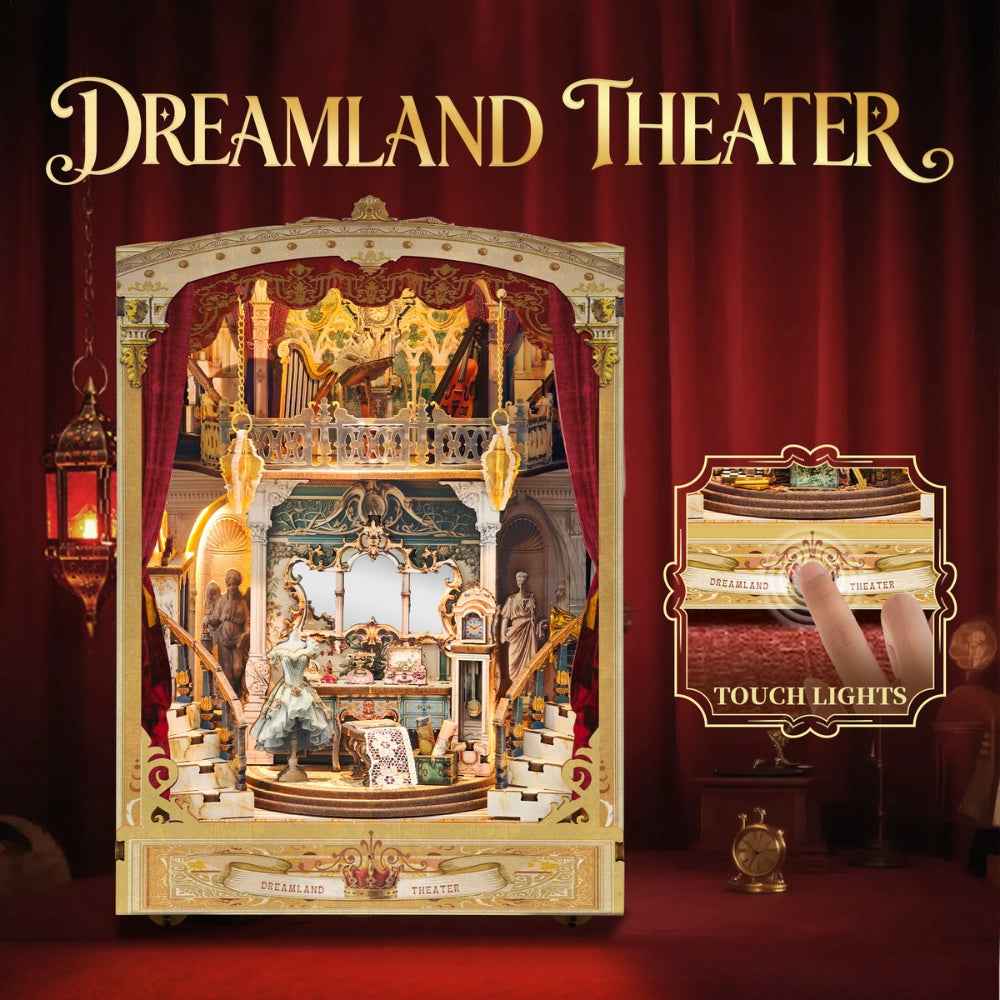 Dreamland Theater against a red curtain backdrop with a touch-control inset.