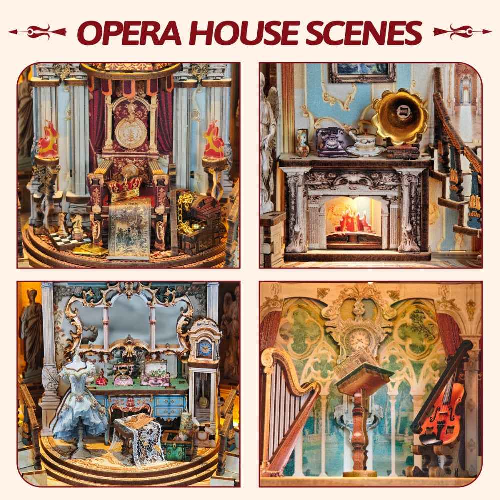 Dreamland Theater details showing ornate stage scenes, a gramophone and miniature instruments.