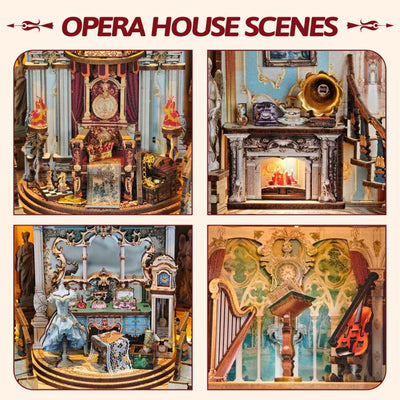 Dreamland Theater details showing ornate stage scenes, a gramophone and miniature instruments.