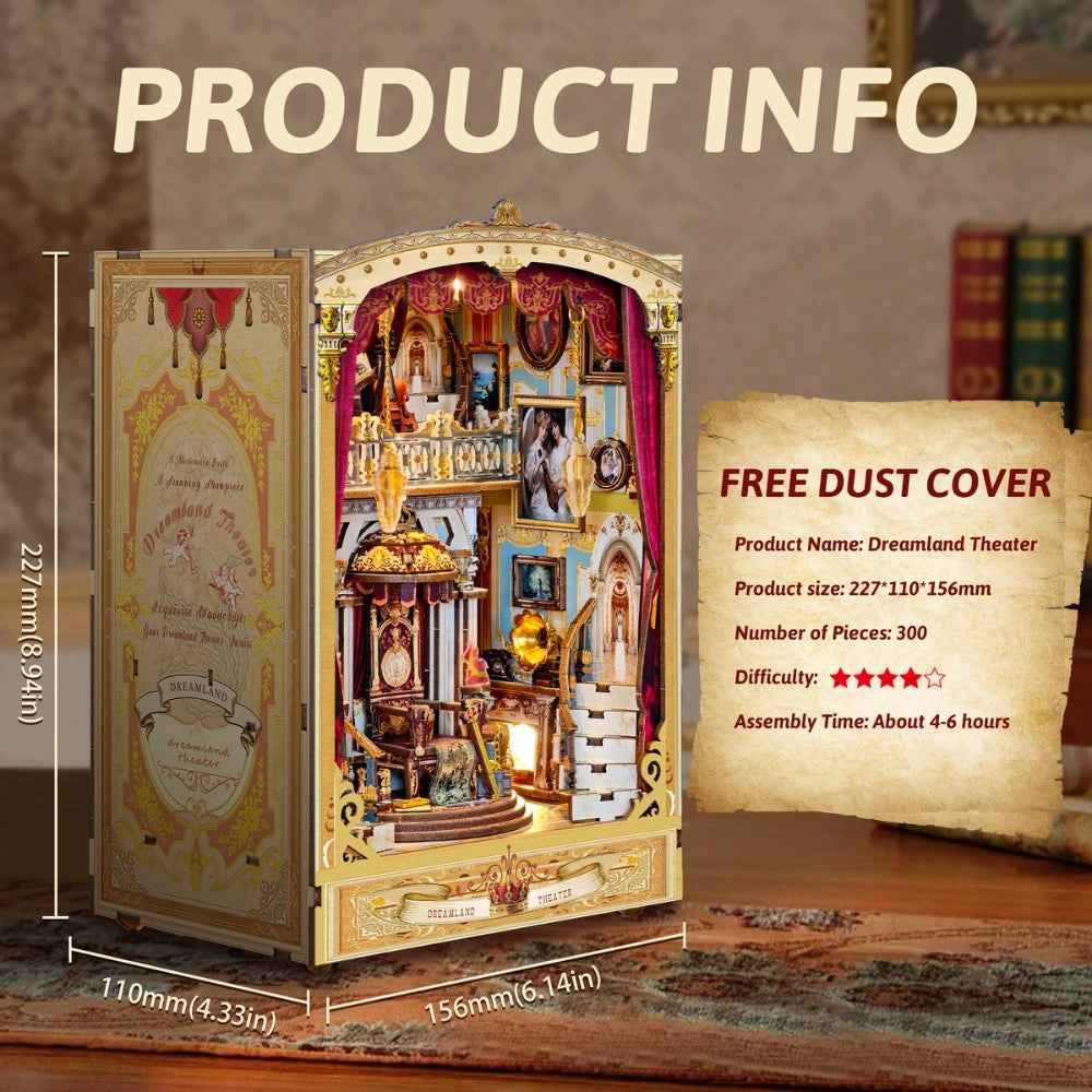 Dreamland Theater specification card with dimensions and clear-cover information.