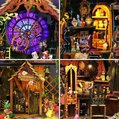 Elf House in the Forest details with a purple clock window, potion bottles and arched interior.