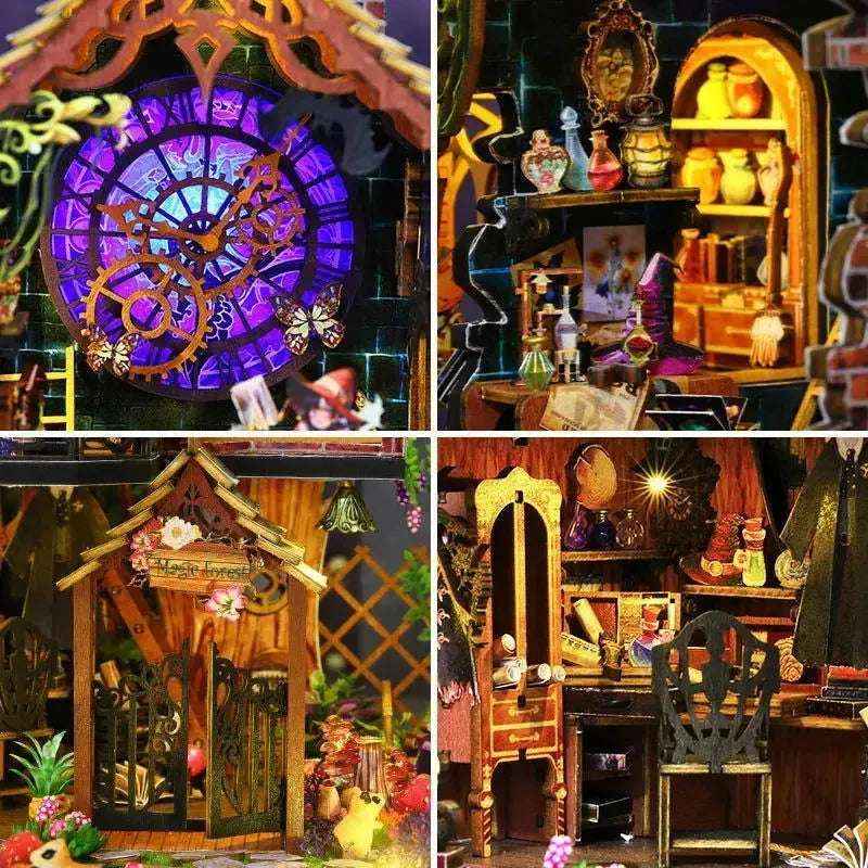 Elf House in the Forest details with a purple clock window, potion bottles and arched interior.