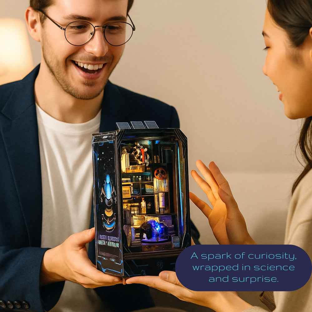 Two adults holding an illuminated Energy Lab book nook.