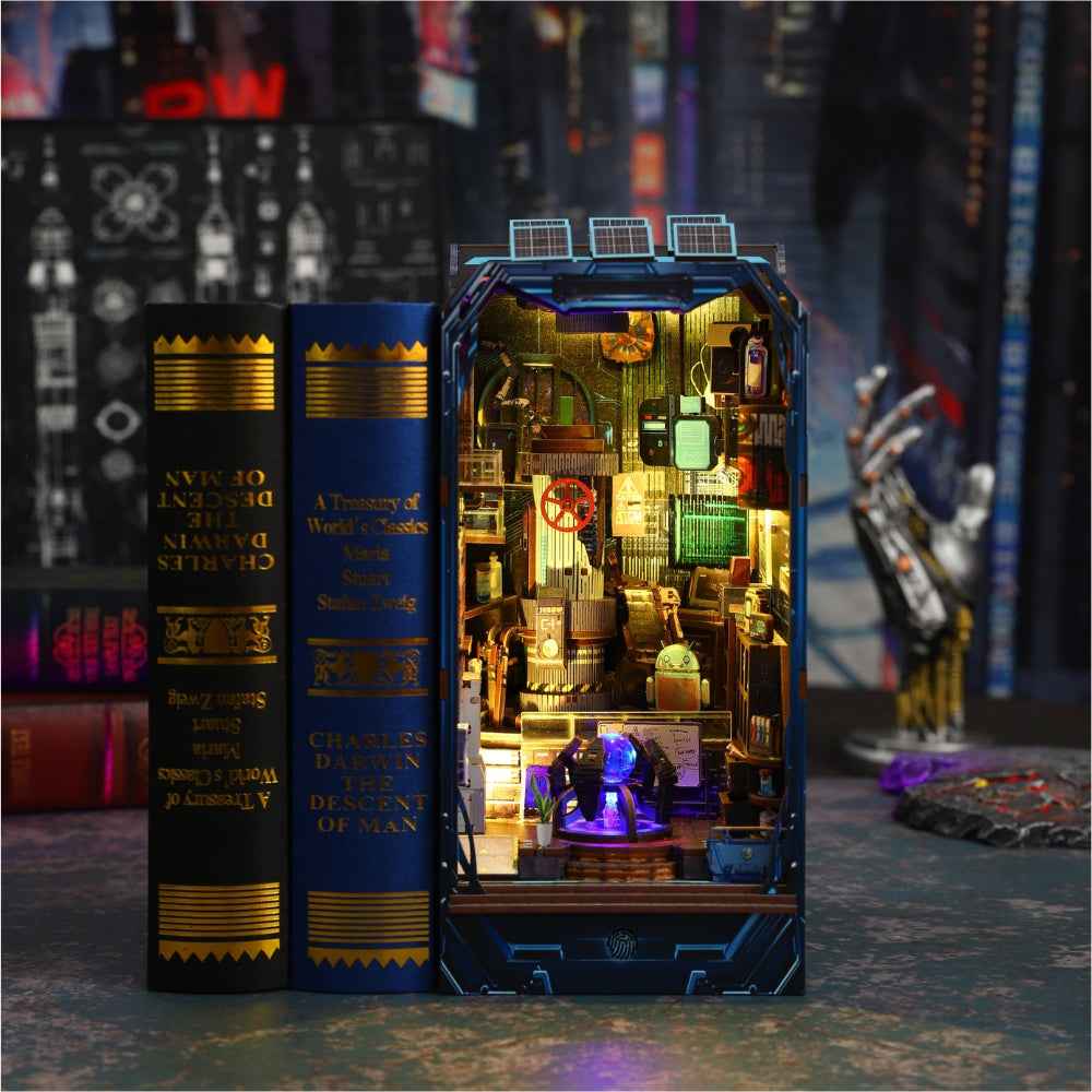 Energy Lab book nook beside books, showing a futuristic laboratory with green and blue lights.