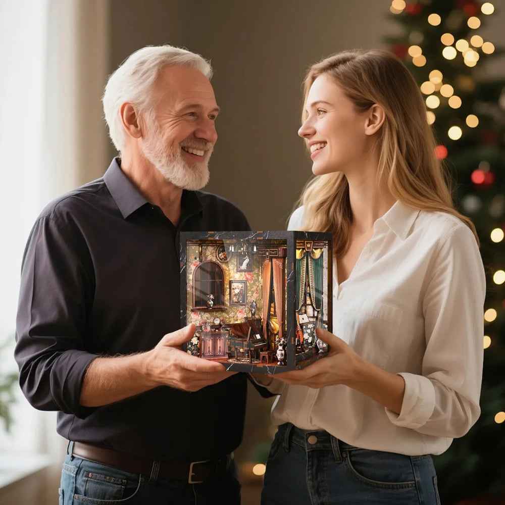 Two adults holding the European Melody Musical Instrument Box miniature room.
