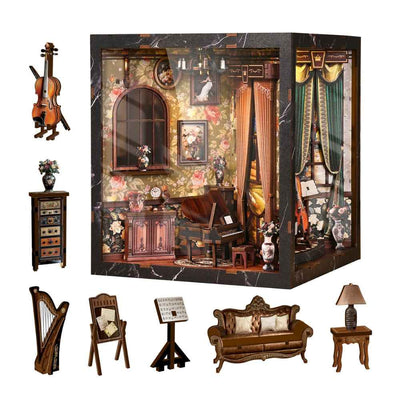 European Melody room with its miniature instruments and furniture pictured separately.