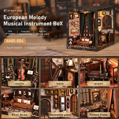 European Melody details showing a violin, harp, piano, seating and framed pictures.