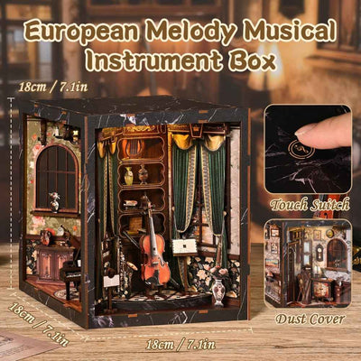 European Melody Musical Instrument Box dimension diagram with switch and cover insets.