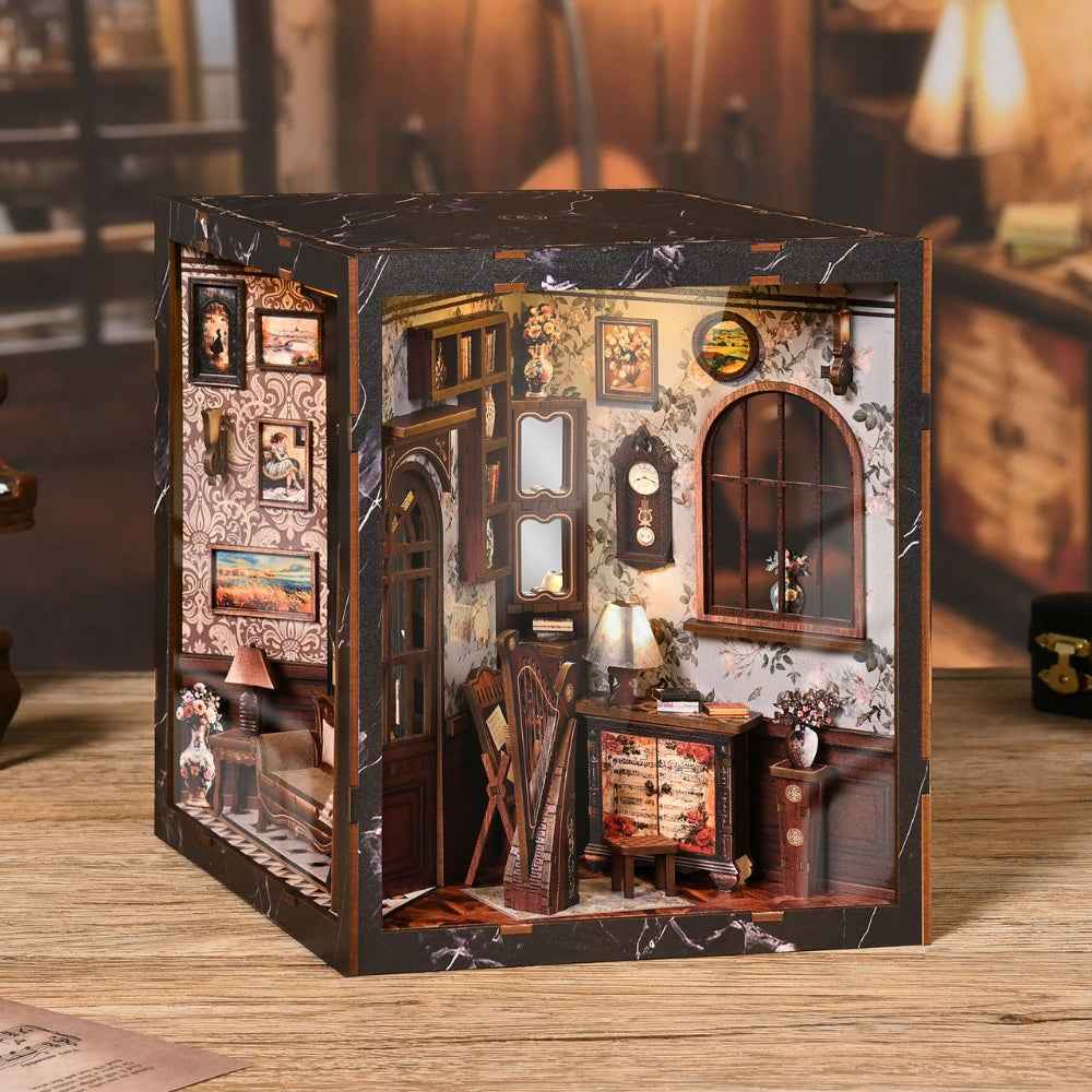 European Melody Musical Instrument Box from the opposite angle, showing framed art and miniature instruments.