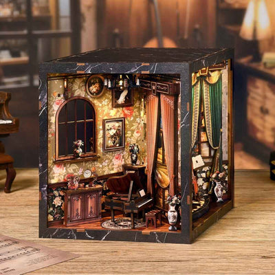 European Melody Musical Instrument Box miniature room with a piano, arched window and ornate furnishings.
