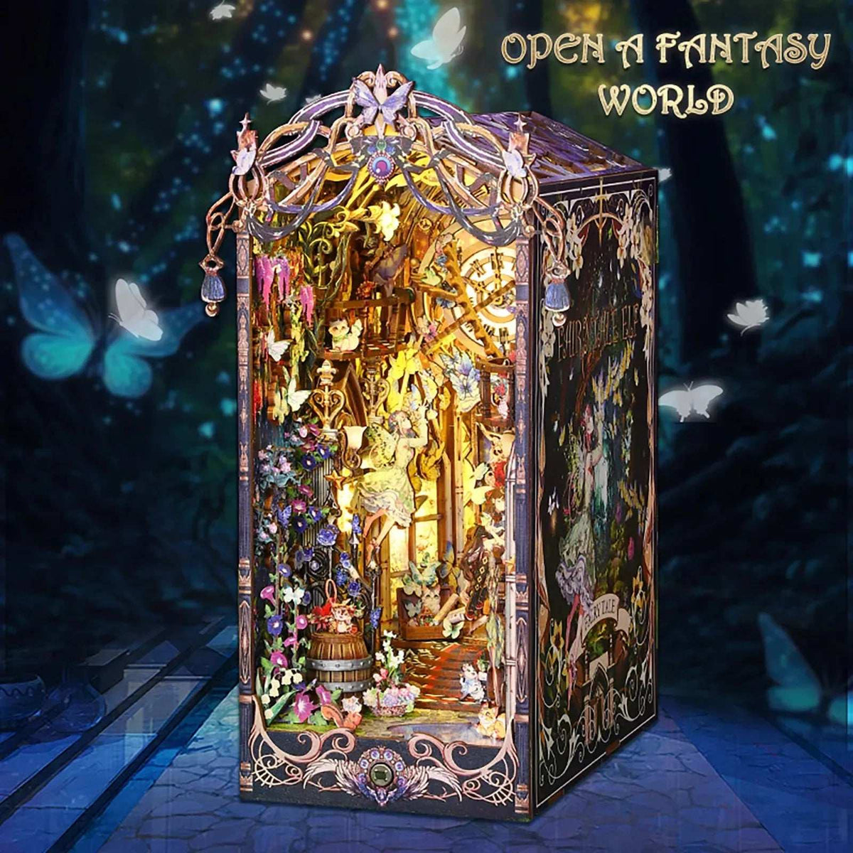 Fairytale Houses book nook against a blue forest backdrop with floating butterfly decorations.
