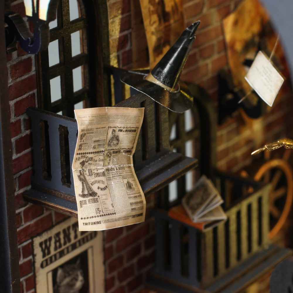 Floating wizard's hat and newspaper beside a window inside Fancy Train Platform.
