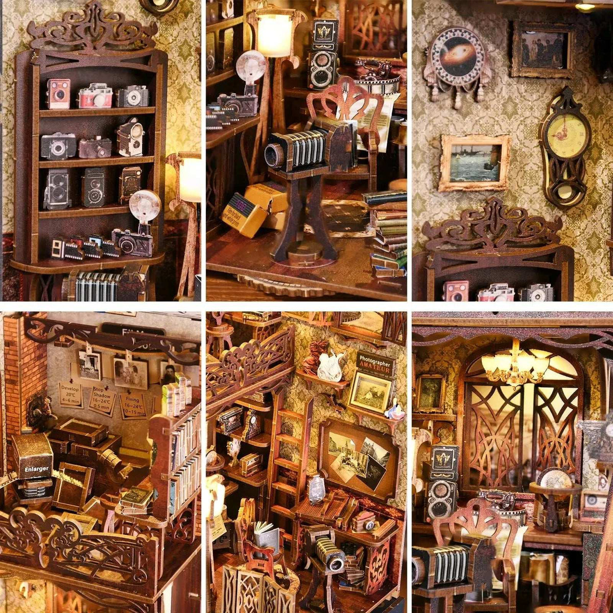 Film Darkroom detail collage showing cameras, framed photographs and studio furniture.