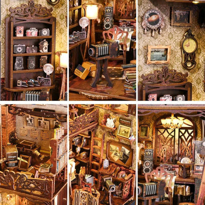Film Darkroom detail collage showing cameras, framed photographs and studio furniture.