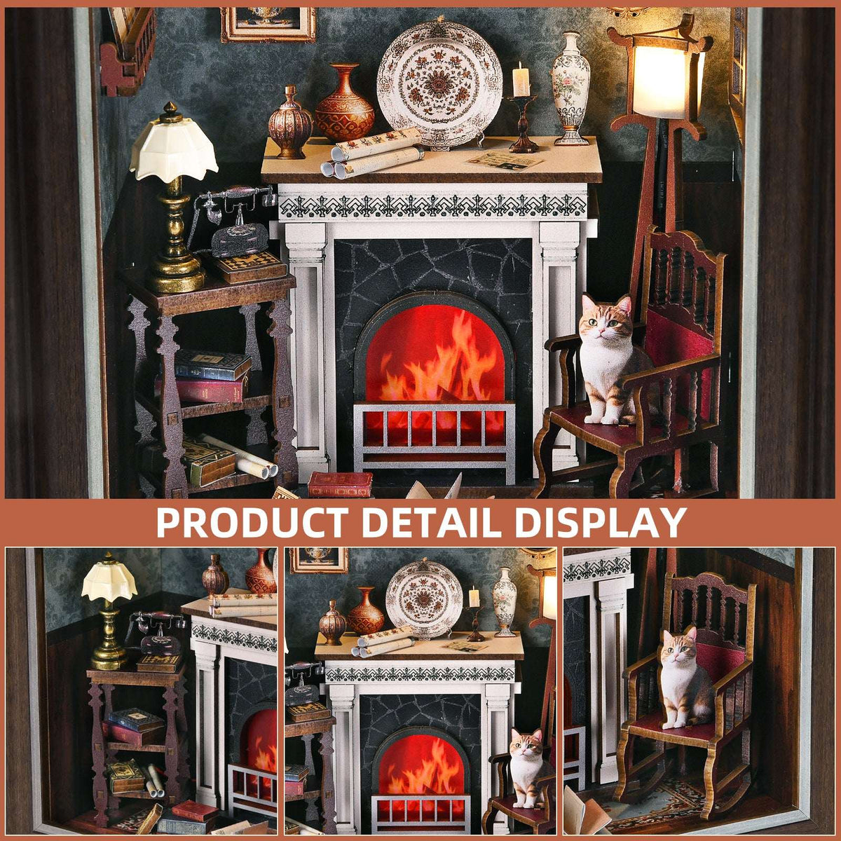 Fireplace story frame details showing the mantel, clock, lamps and a cat on a chair.
