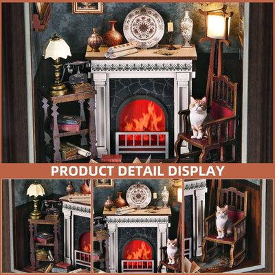 Fireplace story frame details showing the mantel, clock, lamps and a cat on a chair.