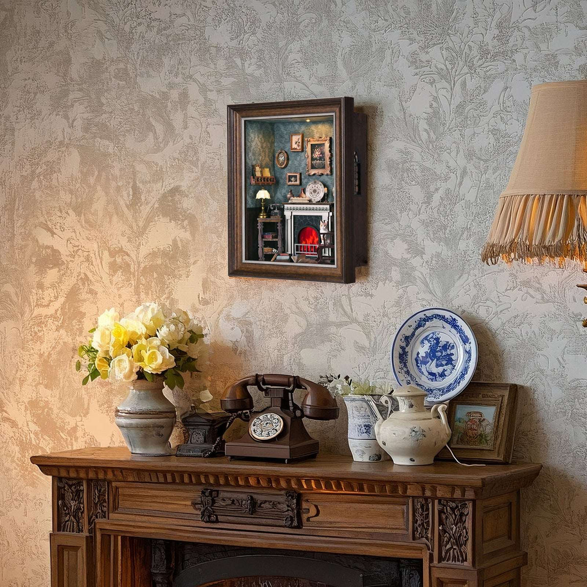 Fireplace miniature story frame mounted above a wooden sideboard in a room setting.