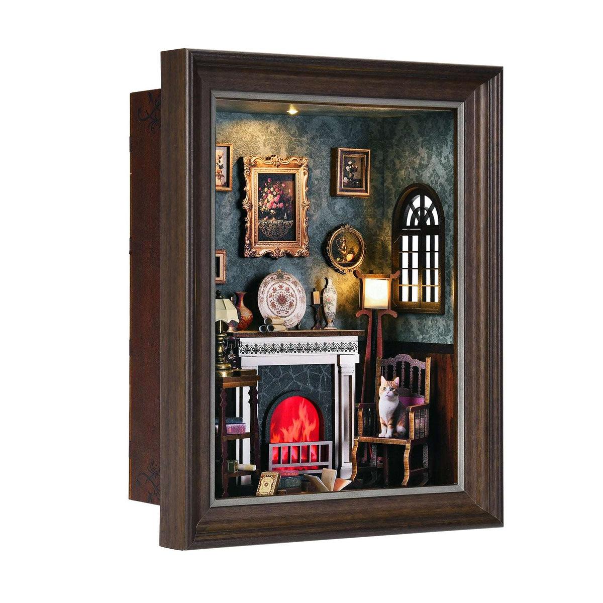 Angled Fireplace story frame against a white background, showing its recessed miniature room.