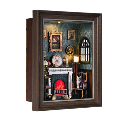 Angled Fireplace story frame against a white background, showing its recessed miniature room.