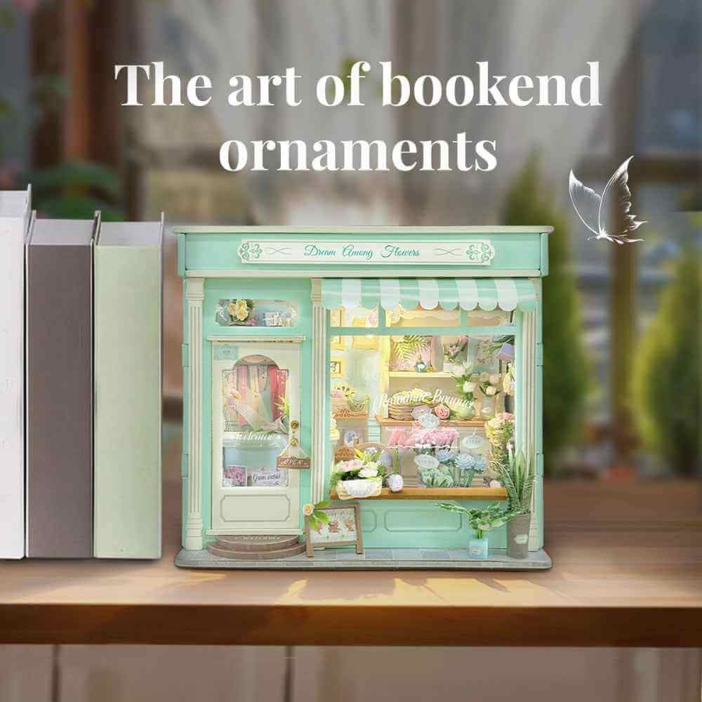 Floral Dream book nook displayed beside pale books on a shelf.