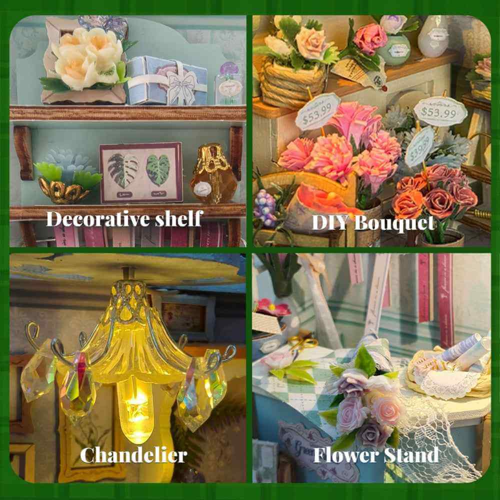 Floral Dream details showing decorative shelves, bouquets, a chandelier and a flower stand.