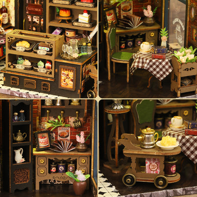 Garden Dessert Shop details showing cakes, a checkered tablecloth, jars and a tea cart.