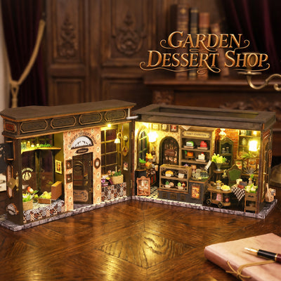 Garden Dessert Shop opened flat to reveal miniature pastry counters and café seating.