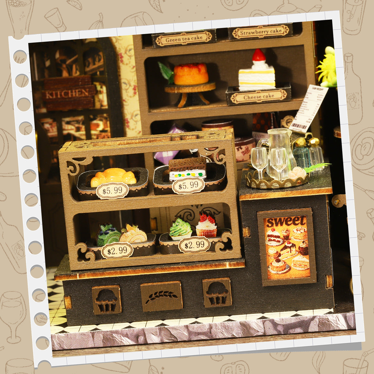 Garden Dessert Shop miniature pastry display with cakes, price labels and tiny drinkware.