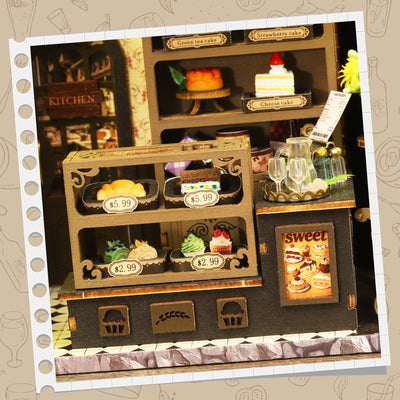 Garden Dessert Shop miniature pastry display with cakes, price labels and tiny drinkware.