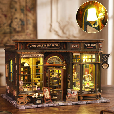 Garden Dessert Shop with a close-up of a glowing wall lamp.