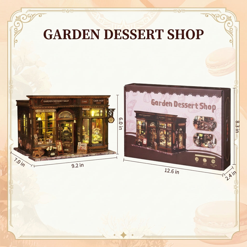 Garden Dessert Shop model and kit packaging shown with dimension measurements.