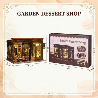 Garden Dessert Shop model and kit packaging shown with dimension measurements.
