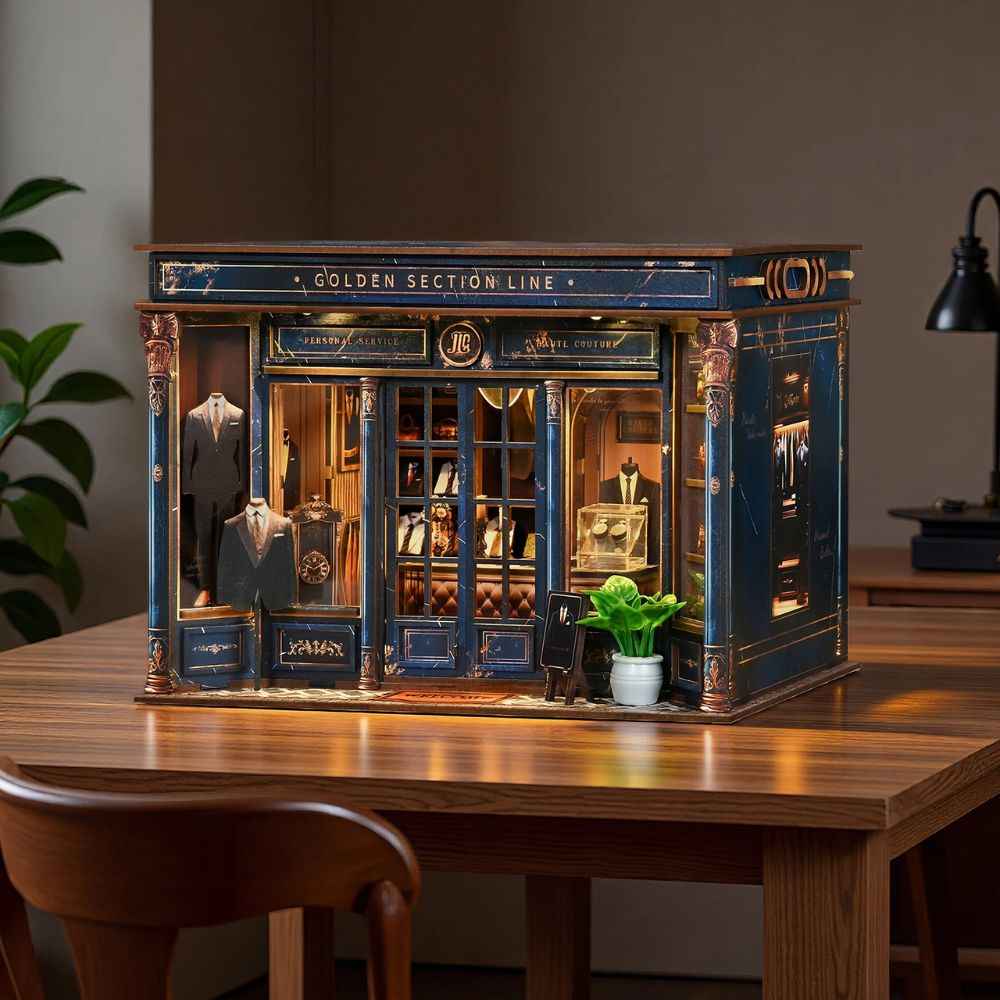 Golden Section Line miniature tailoring shop with a dark blue storefront and gold trim.