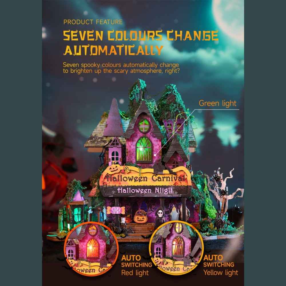 Halloween Night house showing green lighting with insets of other window colors.