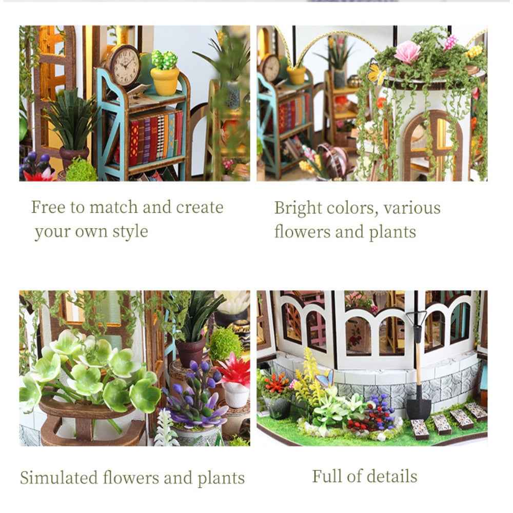 Hanging Garden detail collage showing miniature plants, shelves and flower-filled borders.