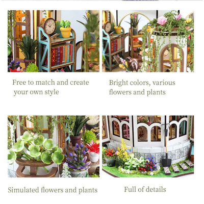 Hanging Garden detail collage showing miniature plants, shelves and flower-filled borders.