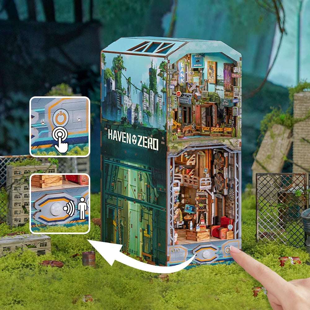 Haven Zero with touch-control insets and an arrow showing the opening cover.