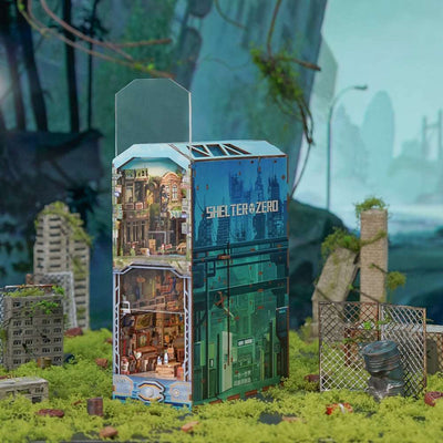 Haven Zero book nook in a miniature overgrown city setting, with its clear cover raised.
