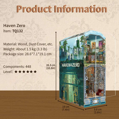 Haven Zero product information card with dimensions and assembly details.