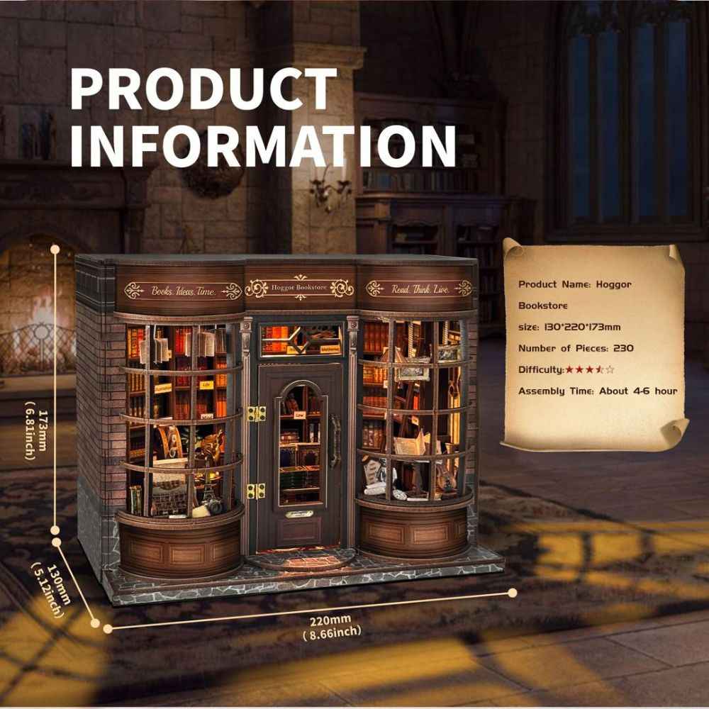 Hoggor Bookstore product information card with finished dimensions.