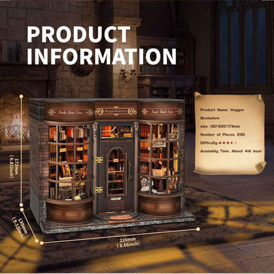 Hoggor Bookstore product information card with finished dimensions.