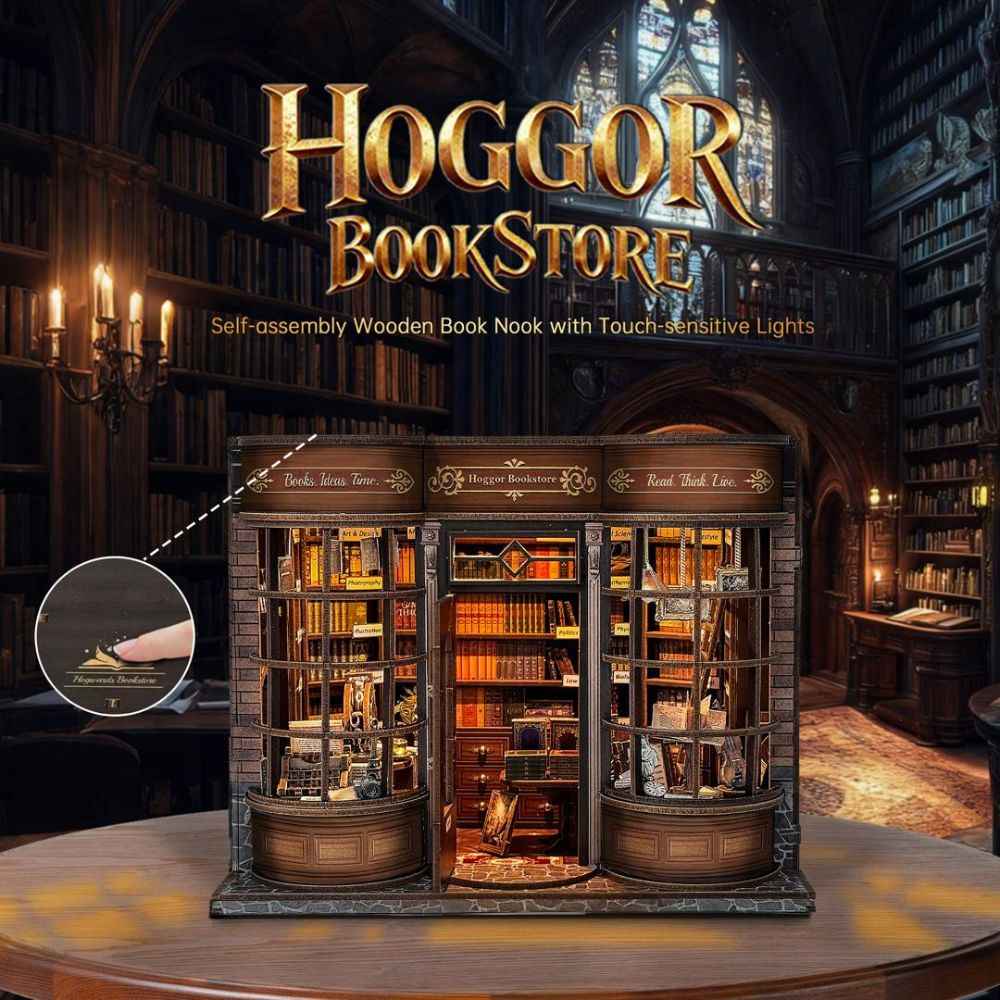 Hoggor Bookstore miniature storefront with curved windows and shelves of tiny books.