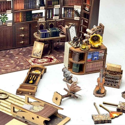 Hoggor Bookstore miniature furniture, gramophone, books and reading accessories laid out for assembly.