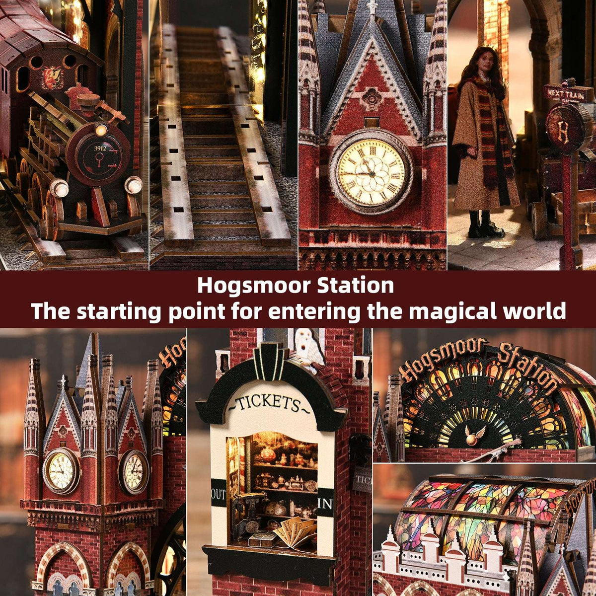 Hogsmoor Station detail collage showing the locomotive, platform stairs, clock tower and ticket booth.