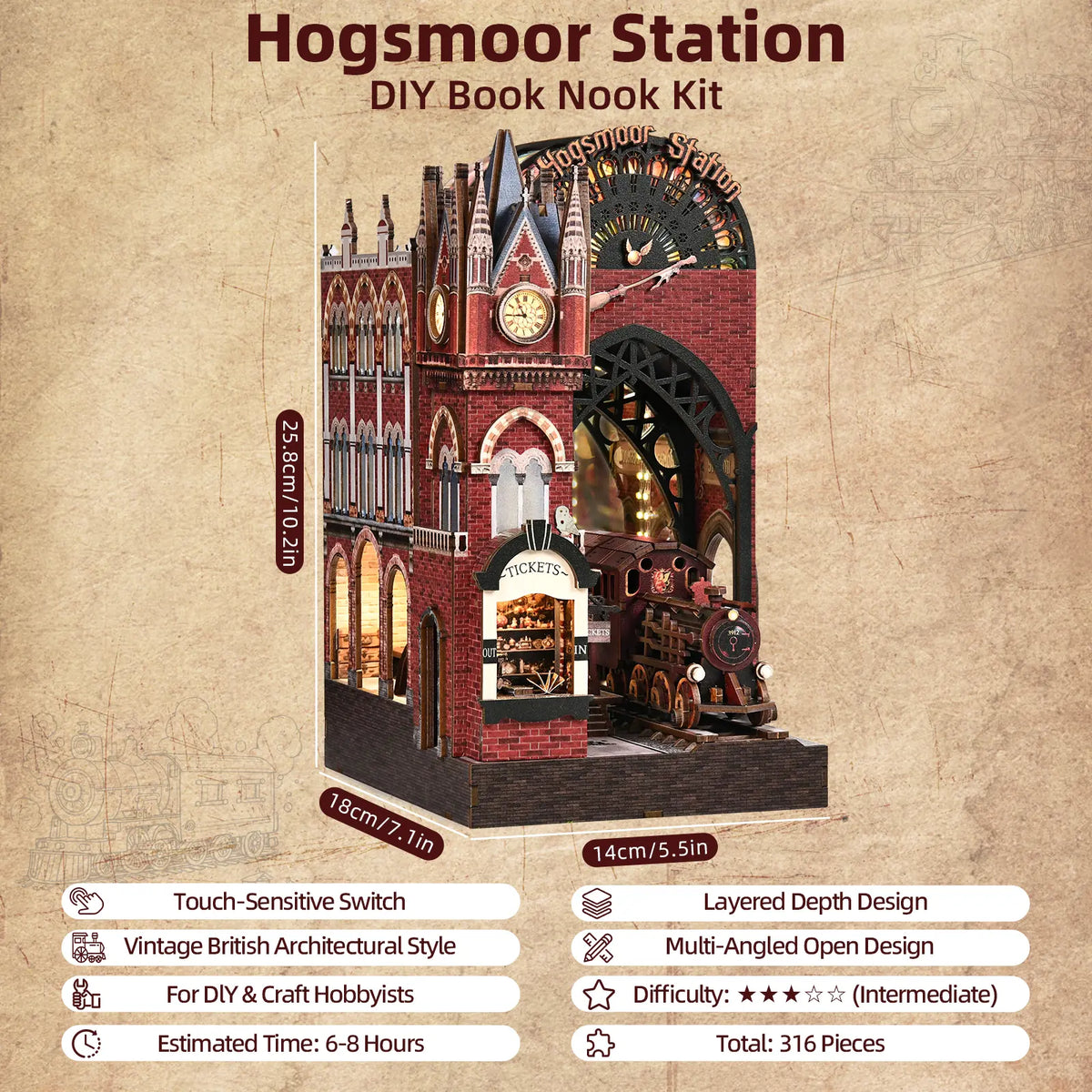 Hogsmoor Station specification card with dimensions and assembly information.