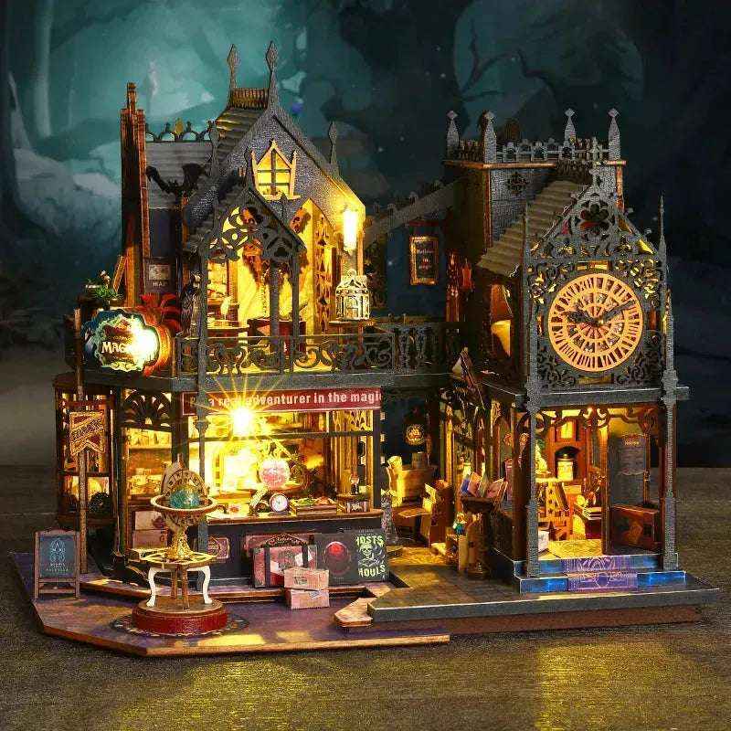 Front view of Holo Magic City with glowing shop windows, dark rooftops and a miniature clock tower.