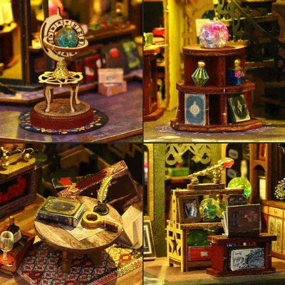 Holo Magic City detail collage showing magical displays, a miniature desk and stacked books.
