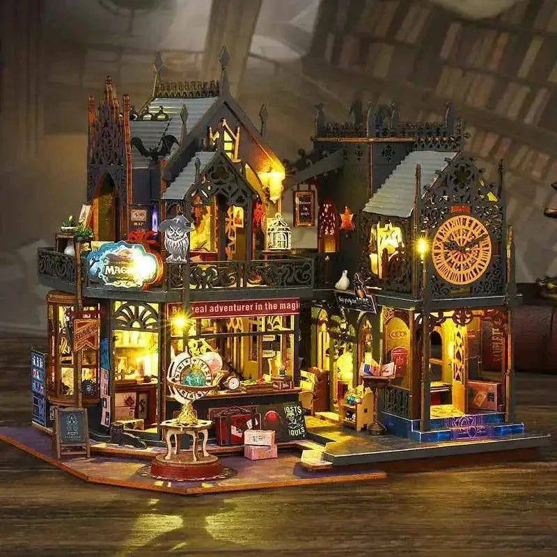 Holo Magic City miniature street viewed from the front, with a small fountain in the foreground.