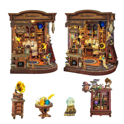 Inchspace Bookstore from two angles with miniature furniture and objects pictured below.